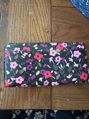 kate spade Black Floral Zip Around Wallet with Pink & Red Blooms